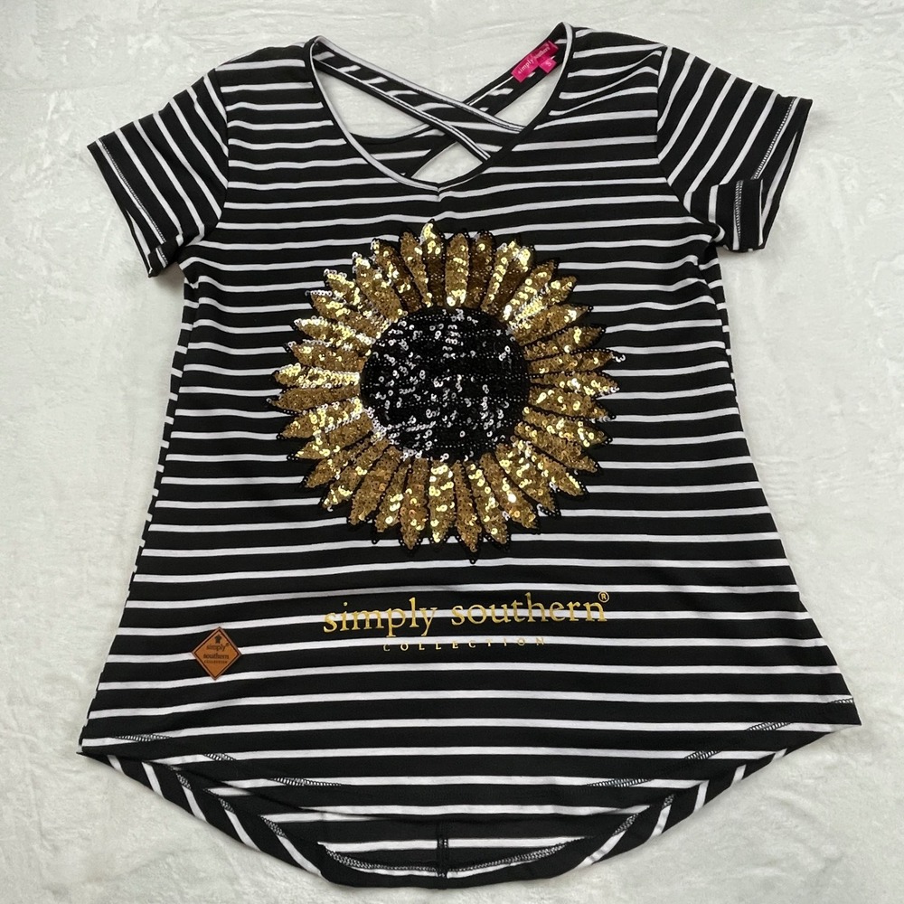 Simply Southern Striped Sequin Sunflower Tee Shirt Womens S Cutout Back Sparkle